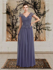 A-Line Mother of the Bride Dress Plus Size Elegant V Neck Floor Length Chiffon Lace Sequined Short Sleeve with Pleats Appliques