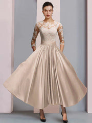 DingjiA-Line Mother of the Bride Dress Formal Wedding Guest Party Elegant Scoop Neck Ankle Length Satin Lace 3/4 Length Sleeve with Pleats Appliques