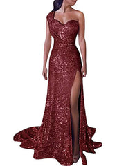 Aimishang  Mermaid Dress Evening Dresses Christmas Red Green Dress Sparkle & Shine Dress Prom Formal Evening Court Train One Shoulder Sleeveless Sequined with Sequin Slit