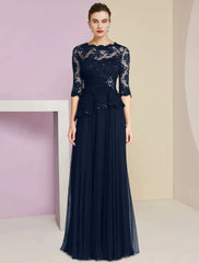 A-Line Mother of the Bride Dress Formal Wedding Guest Elegant Scoop Neck Floor Length Chiffon Lace Half Sleeve with Pleats Appliques Crystal Brooch