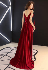 Burgundy Velvet Long Prom Dresses, Spaghetti Strap Evening Dresses