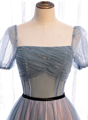 Grey Tulle Long Prom Dresses, A-Line Evening Dresses