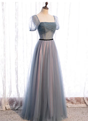 Grey Tulle Long Prom Dresses, A-Line Evening Dresses