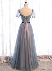 Grey Tulle Long Prom Dresses, A-Line Evening Dresses