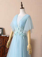 Blue V-Neck Lace Long Prom Dresses, A-Line Evening Dresses