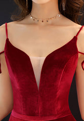 Burgundy Velvet Long Prom Dresses, Spaghetti Strap Evening Dresses