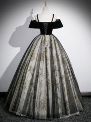 Black Velvet Tulle Sequins Floor Length Prom Dress, Off the Shoulder Evening Party Dress