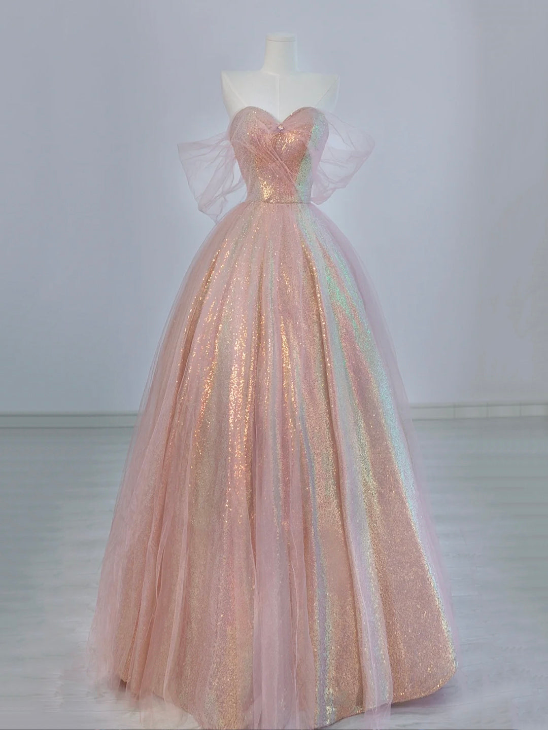 Pink Tulle and Sparkling Sequins Floor Length Prom Dress, Beautiful A-Line Evening Party Dress