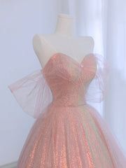 Pink Tulle and Sparkling Sequins Floor Length Prom Dress, Beautiful A-Line Evening Party Dress