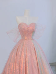 Pink Tulle and Sparkling Sequins Floor Length Prom Dress, Beautiful A-Line Evening Party Dress