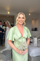Simple Sheath V Neck Light Green Satin Bridesmaid Dresses