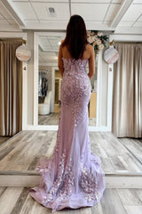 Mermaid Strapless Lilac Lace Long Prom Dresses