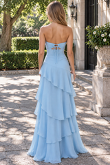 Blue Strapless Ruffles Sleeveless Chiffon Long Prom Party Dress
