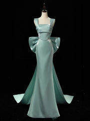 Simple Satin Green Long Prom Dress, Green Long Formal Dress with bow tie