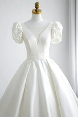 A Line V Neck White Wedding Dress with Short Sleeves