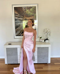 Elegant Satin Strapless High Slit Mermaid Long Prom Dress Party Dress Evening Dress HZ1024