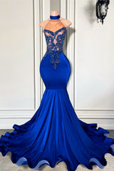 Royal Blue High Neck Mouwloze zeemeermin prom -jurk met kralen