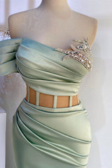 Off-the-shoulder zeemeermin prom-jurk in stoffige salie met kralen