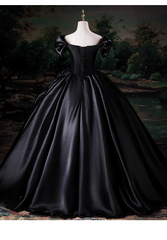 Elegant Black Satin Sweet 16 Quinceanera A-Line Off-the-shoulder Evening Dress Ruffled Ball Gown HZ1024