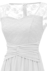 Elegant White Long Lace Dress with Cap Sleeves
