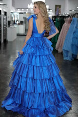 August | Glitter Tie Straps Pink Plunging Neck Tiered Long Prom Dress