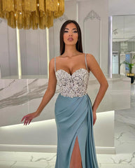 Baby Blue Prom Dress with High Slit Spaghetti Straps Sweetheart Neckline and Appliques