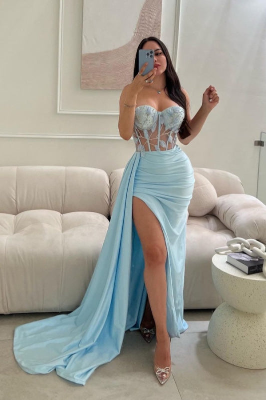 Baby Blue Sweetheart Lace Prom Dress Long Sleeveless with Beaded Split
