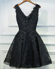 A Line V Neck Short Black Lace Prom Dresses, Black Short Formal Dresses, Black Lace Graduation Dresses, Homecoming Dresses