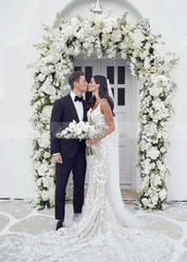 V-Neck Backless Floral Lace Appliques Wedding Dresses with Mermaid Train