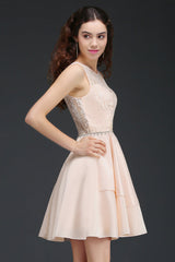 Backless Jewel Neck Short Pink Bridesmaid Dresses with Beadings