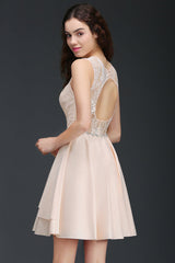Backless Jewel Neck Short Pink Bridesmaid Dresses with Beadings