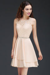 Backless Jewel Neck Short Pink Bridesmaid Dresses with Beadings