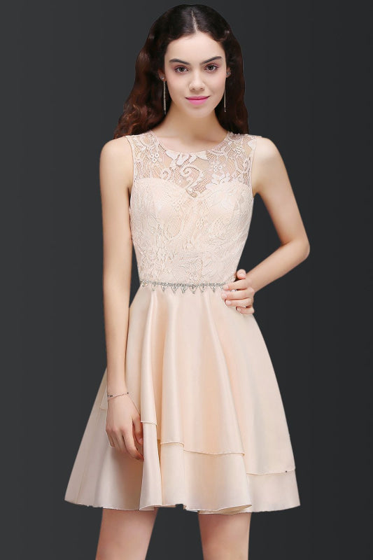 Backless Jewel Neck Short Pink Bridesmaid Dresses with Beadings