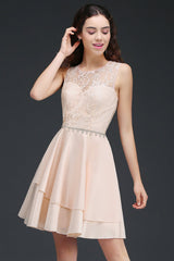 Backless Jewel Neck Short Pink Bridesmaid Dresses with Beadings