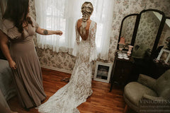 Backless Sheath Lace Boho Wedding Dress with Long Bell Sleeves VW1087