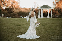 Backless Sheath Lace Boho Wedding Dress with Long Bell Sleeves VW1087