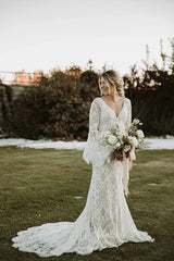 Backless Sheath Lace Boho Wedding Dress with Long Bell Sleeves VW1087