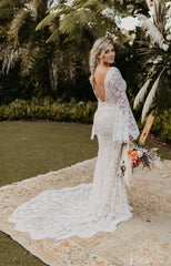 Backless Sheath Lace Boho Wedding Dress with Long Bell Sleeves VW1087