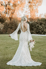 Backless Sheath Lace Boho Wedding Dress with Long Bell Sleeves VW1087