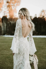 Backless Sheath Lace Boho Wedding Dress with Long Bell Sleeves VW1087