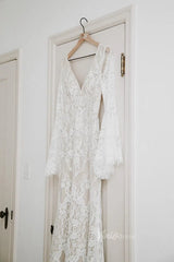 Backless Sheath Lace Boho Wedding Dress with Long Bell Sleeves VW1087