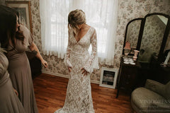 Backless Sheath Lace Boho Wedding Dress with Long Bell Sleeves VW1087