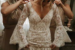 Backless Sheath Lace Boho Wedding Dress with Long Bell Sleeves VW1087