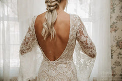 Backless Sheath Lace Boho Wedding Dress with Long Bell Sleeves VW1087