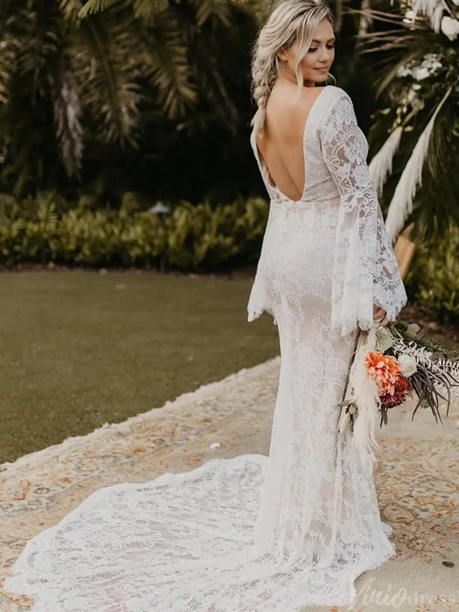 Backless Sheath Lace Boho Wedding Dress with Long Bell Sleeves VW1087