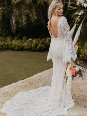 Backless Sheath Lace Boho Wedding Dress with Long Bell Sleeves VW1087
