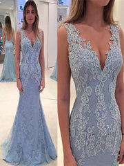 Blue Mermaid V Neck Backless Lace Prom Dresses, Backless Wedding Dresses, Lace Formal Dresses, Blue Graduation Dresses, Evening Dresses