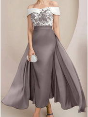 A-Line Mother of the Bride Dress Wedding Guest Elegant Off Shoulder Ankle Length Stretch Fabric Short Sleeve with Appliques Ruching