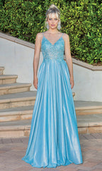 Corset-Back Metallic Long Prom Dress with Pockets