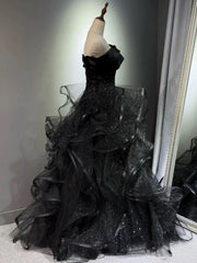 Black Ball Gown Prom Dress Ruffled Formal Birthday Gown Long